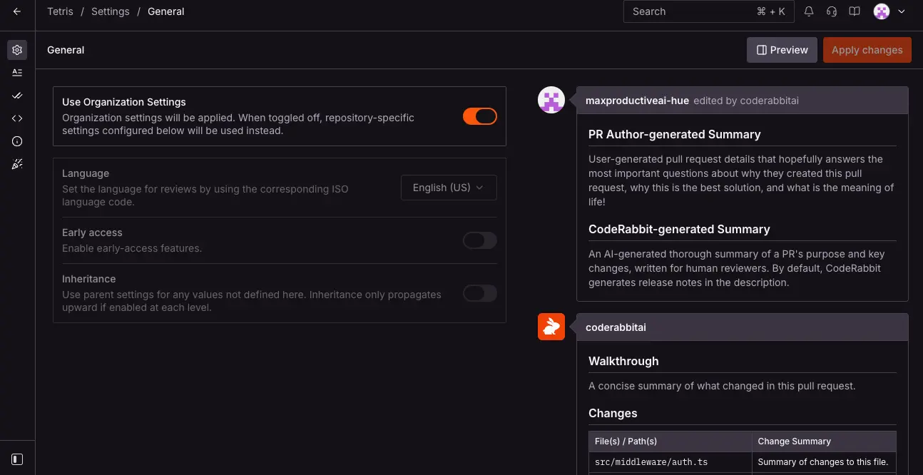 CodeRabbit Settings - PR Summary Configuration