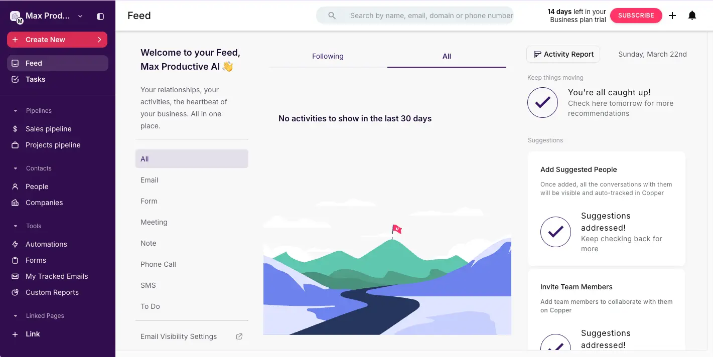 Copper CRM Activity Feed Dashboard