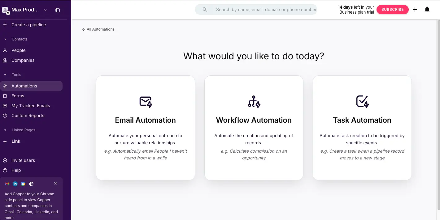Copper CRM Automation - Email, Workflow, and Task Options