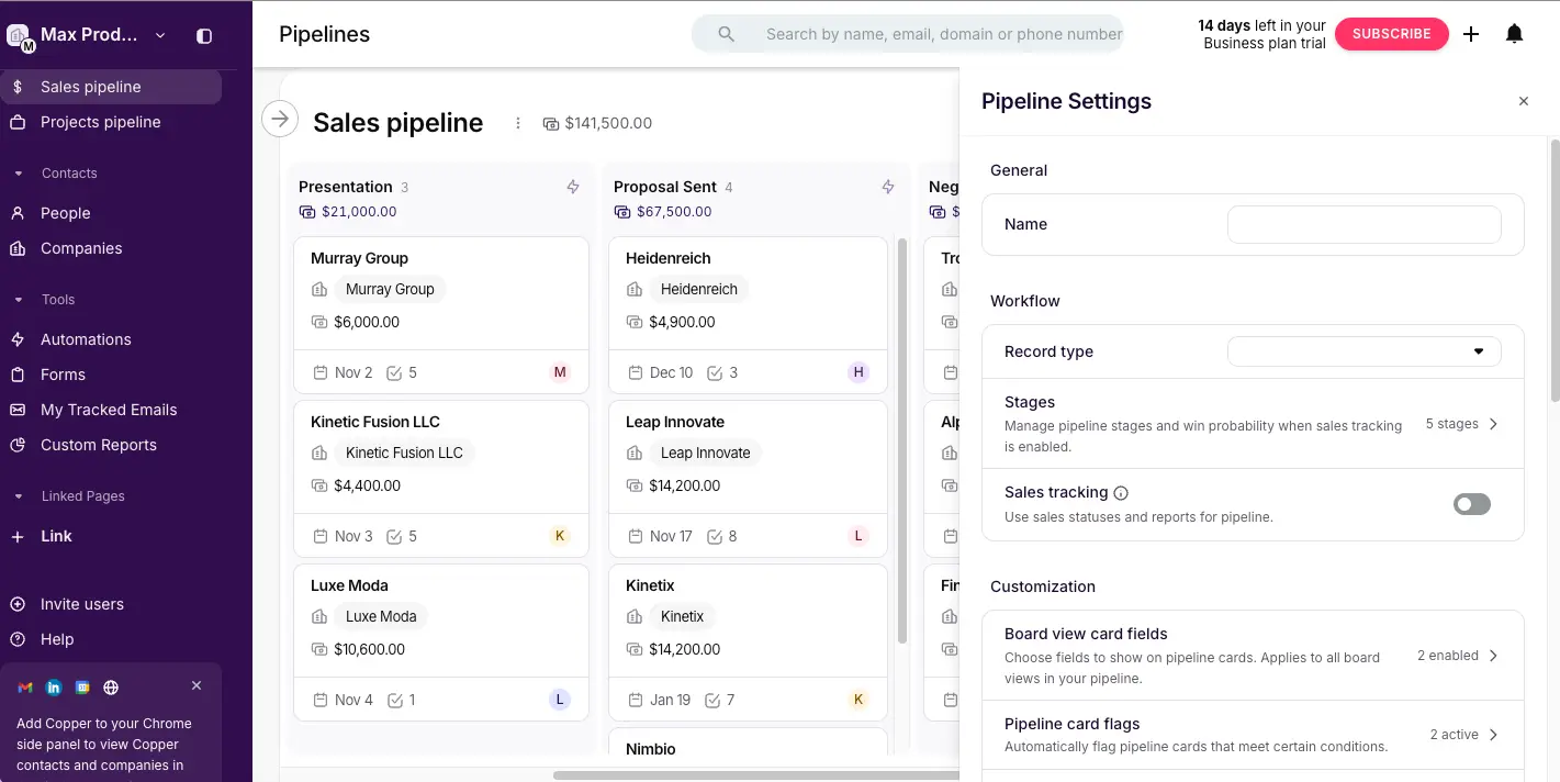 Copper CRM Sales Pipeline Kanban Board View