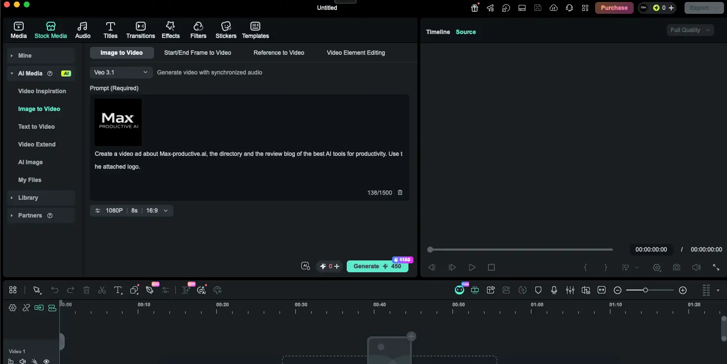 Filmora AI Image to Video with Google Veo 3.1