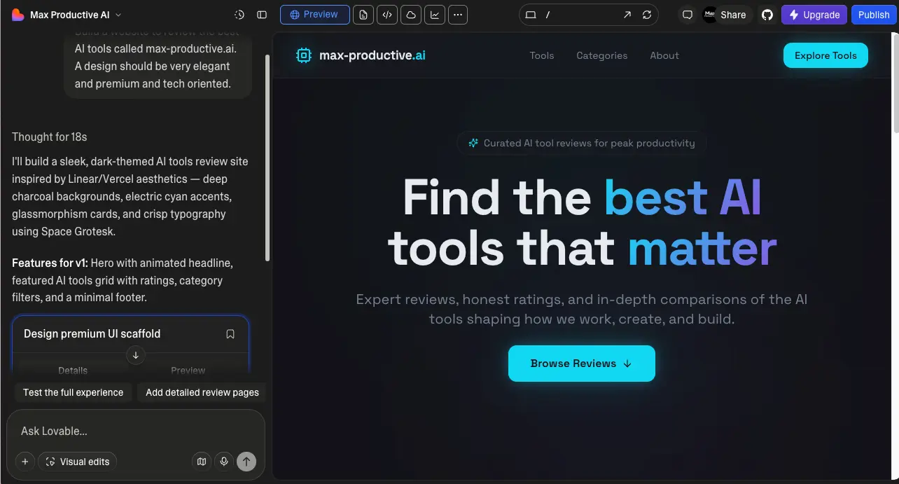 Lovable app preview showing a live website build with the AI chat panel on the left and rendered output on the right