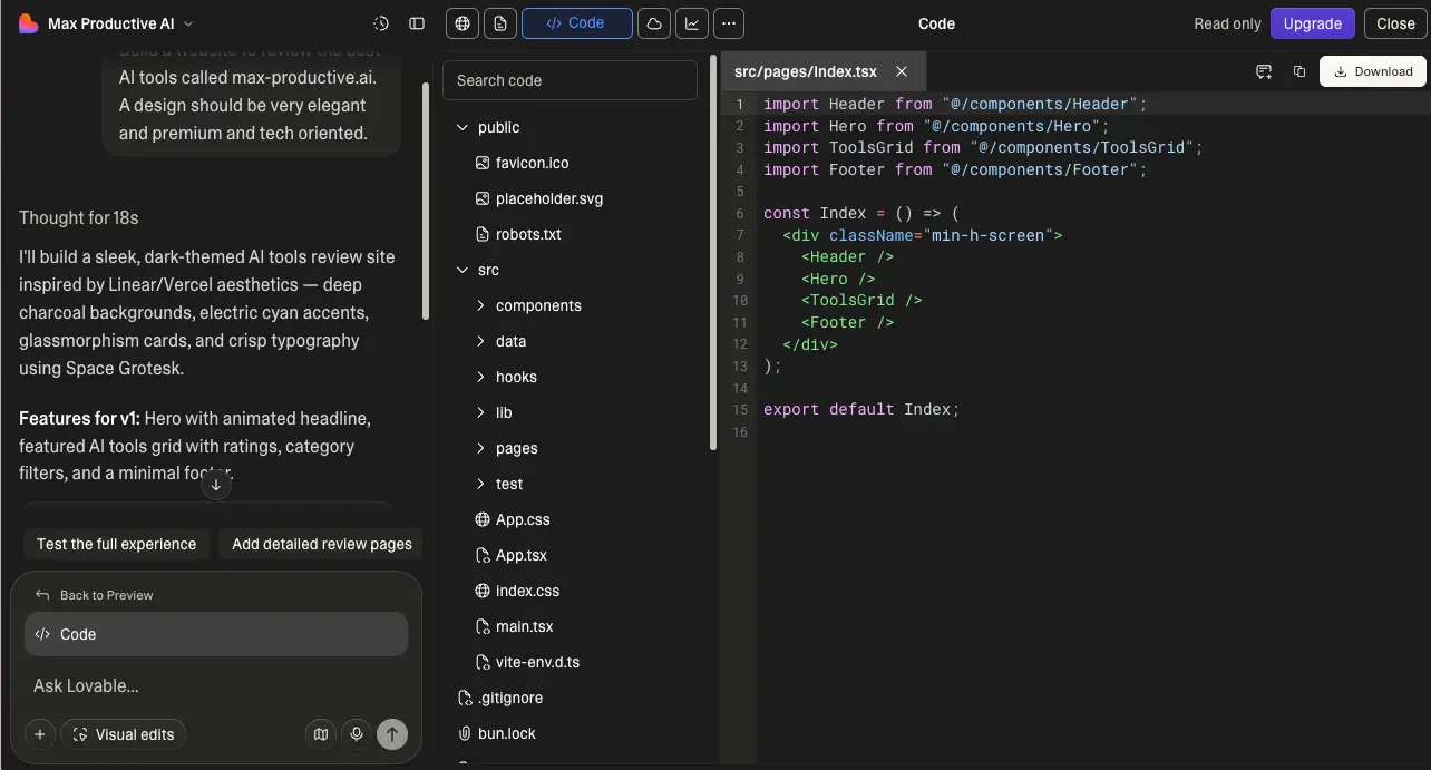 Lovable code editor showing the React source code view with component file structure and Index.tsx file