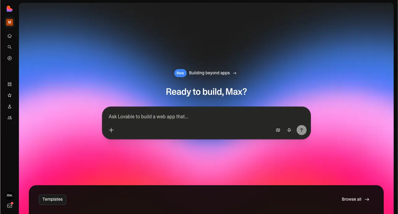 Lovable dashboard home screen showing the AI prompt interface with 'Ready to build, Max?' greeting and template options