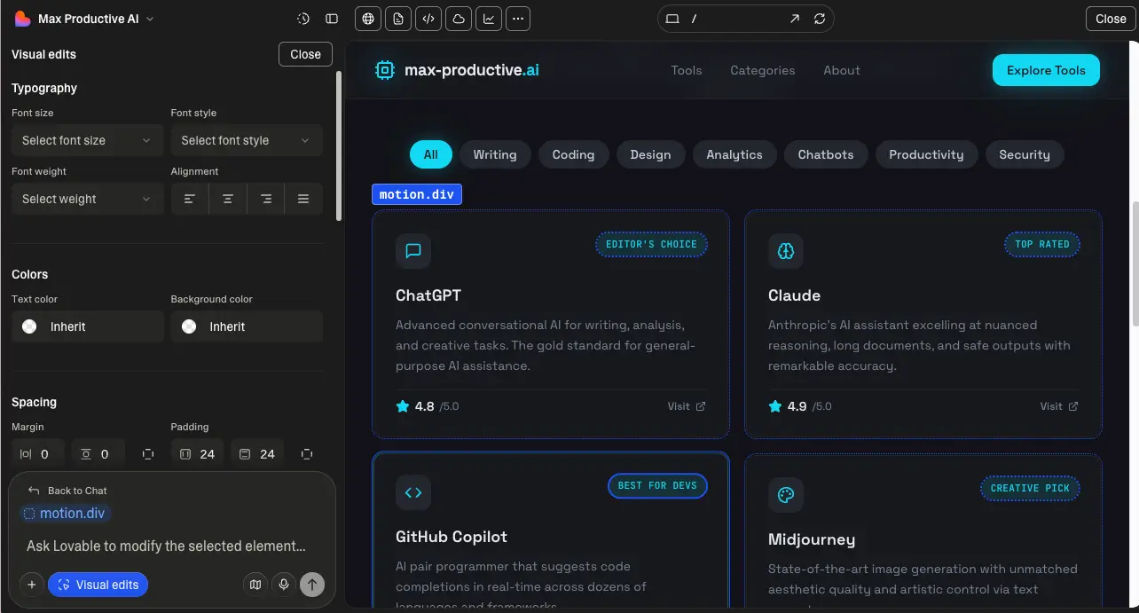 Lovable Visual Edits panel showing typography, color, and spacing controls for direct UI customization alongside a live app preview