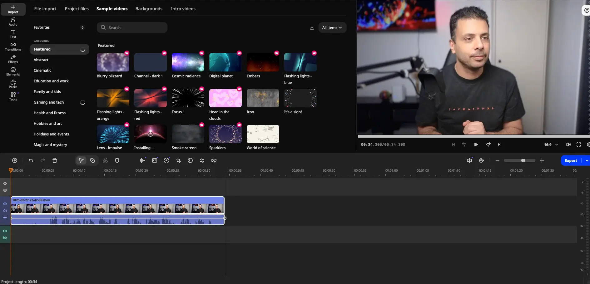 Movavi Video Editor sample videos panel with categories like Abstract, Cinematic, Gaming