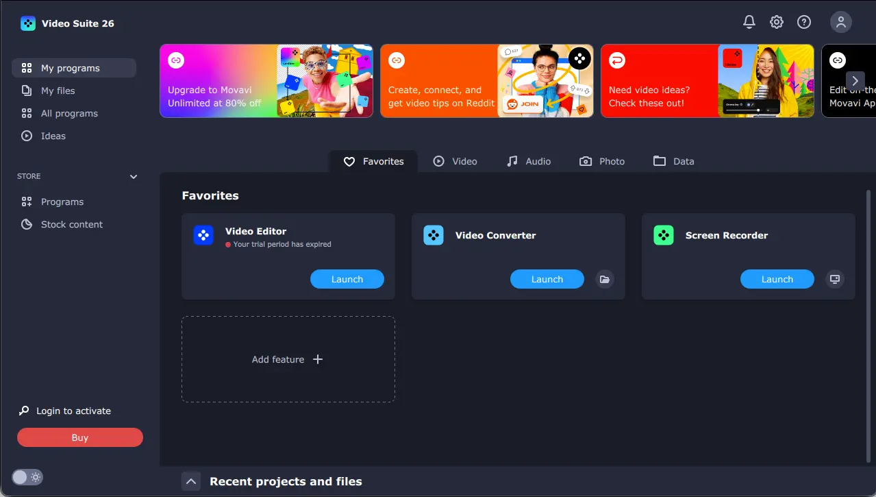 Movavi Video Suite 26 Dashboard showing Video Editor, Video Converter, and Screen Recorder