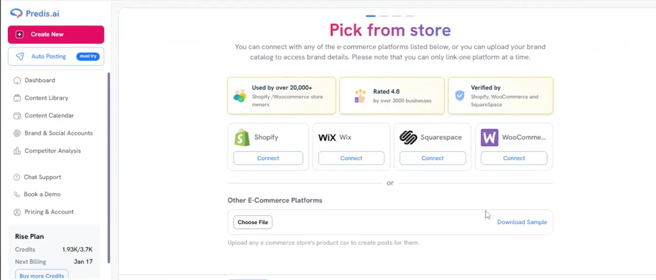 Predis AI e-commerce integrations screen with Shopify, Wix, Squarespace, and WooCommerce connections plus CSV upload