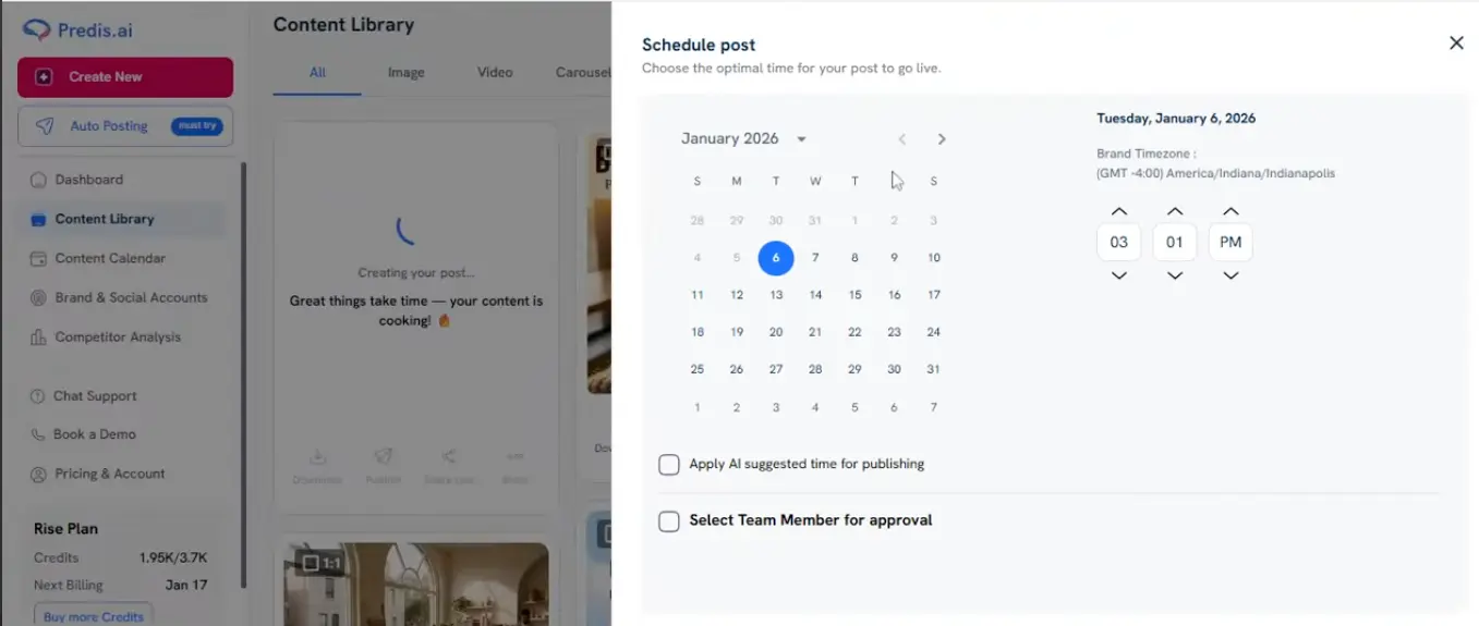 Predis AI post scheduling calendar with AI-suggested publishing time and team member approval option