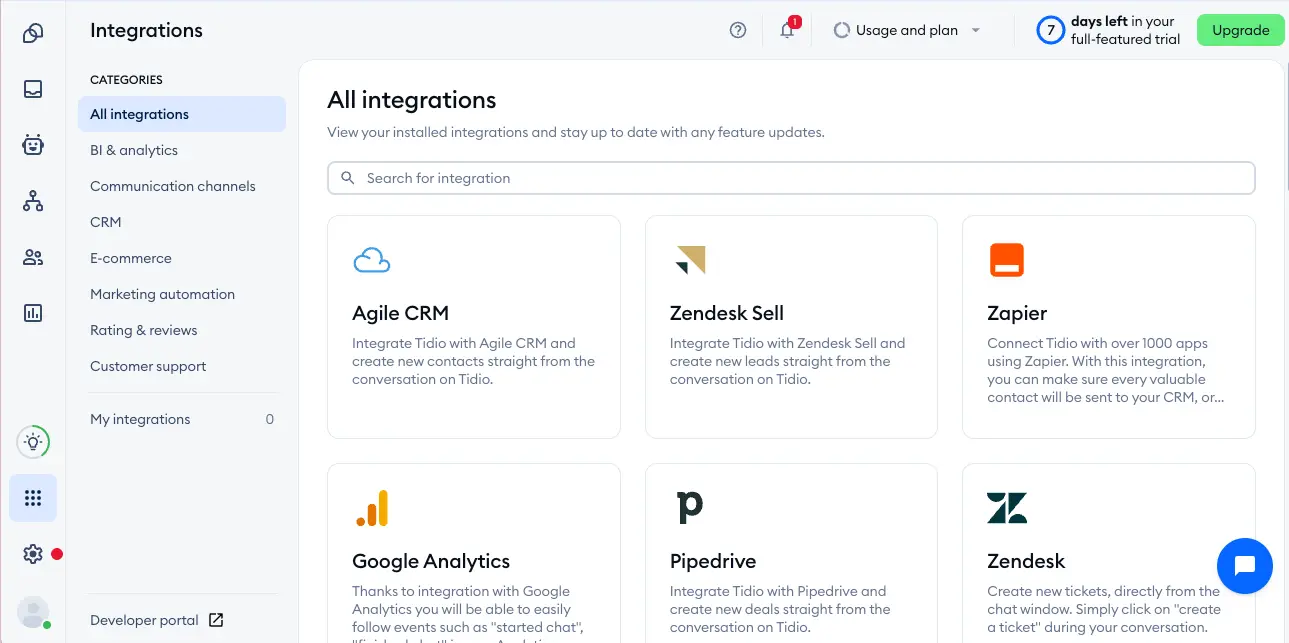 Tidio Integrations panel showing All integrations view with categories including CRM, E-commerce, Marketing automation, and connections like Agile CRM, Zendesk Sell, Zapier, Google Analytics, and Pipedrive