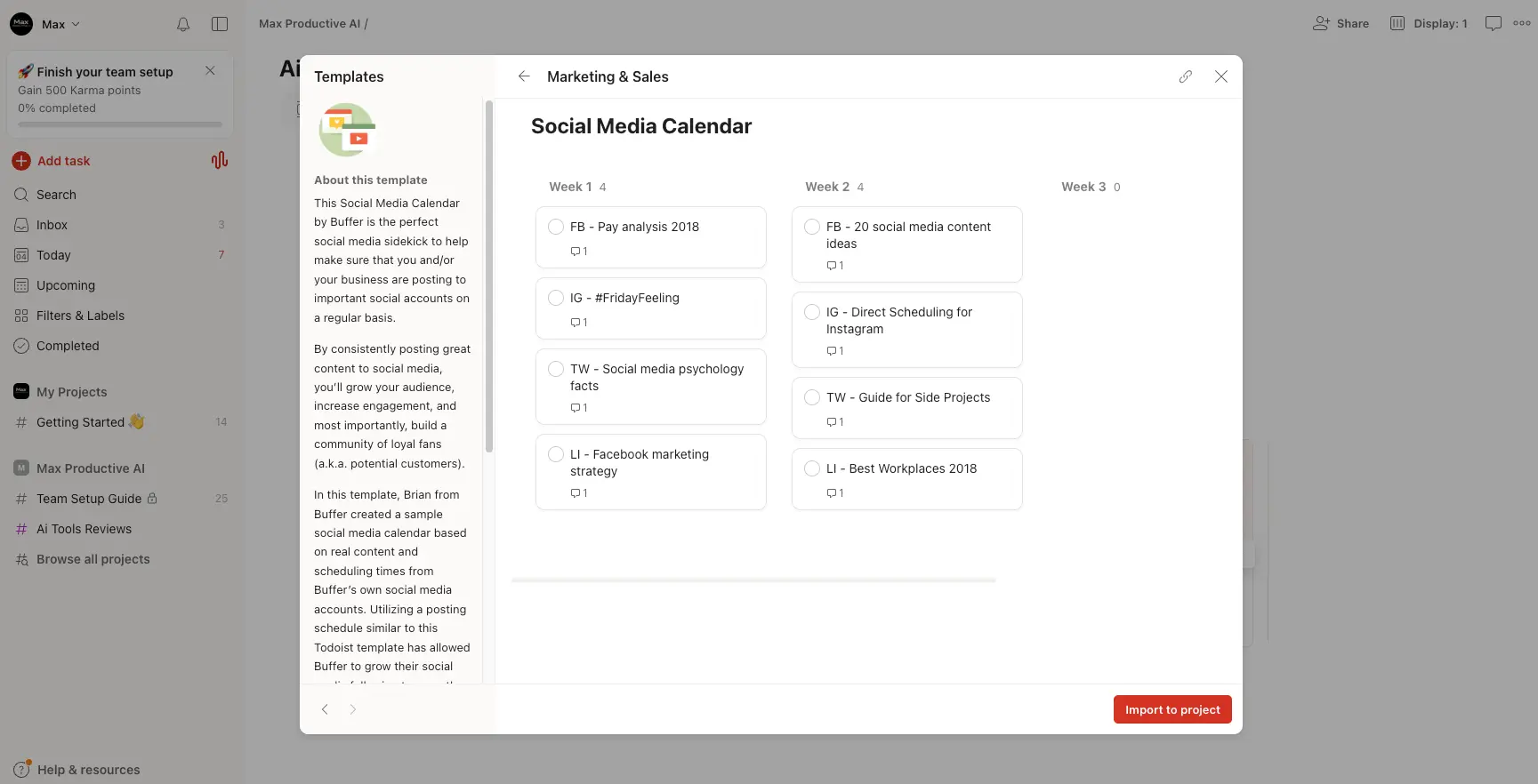 Todoist Social Media Calendar Template