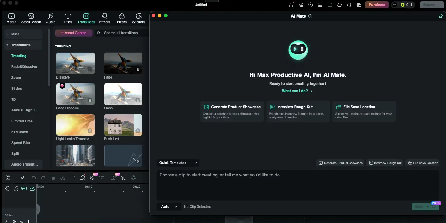 Filmora AI Mate Assistant with Transitions Panel