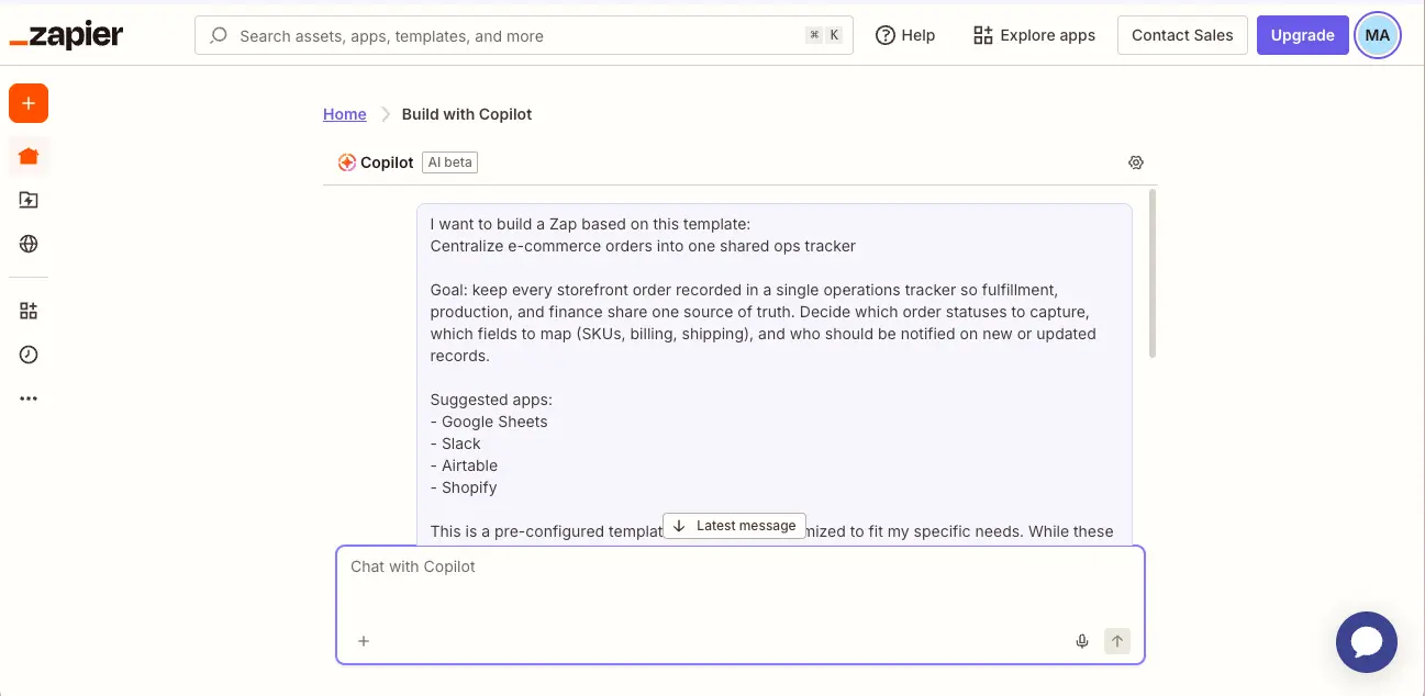 Zapier Copilot Building a Zap from Template