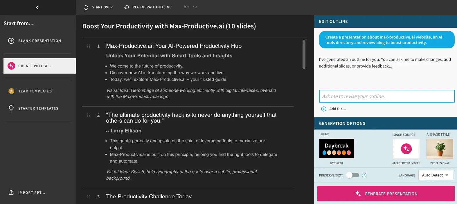 Beautiful.ai context-aware AI outline editor showing slide-by-slide text outline with theme and generation options