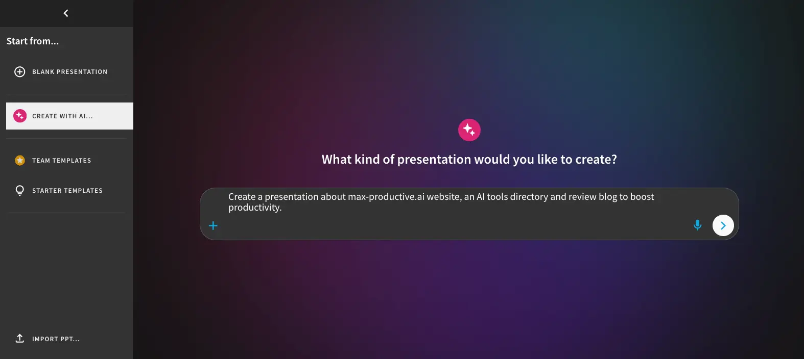 Beautiful.ai DesignerBot interface asking What kind of presentation would you like to create with text prompt input