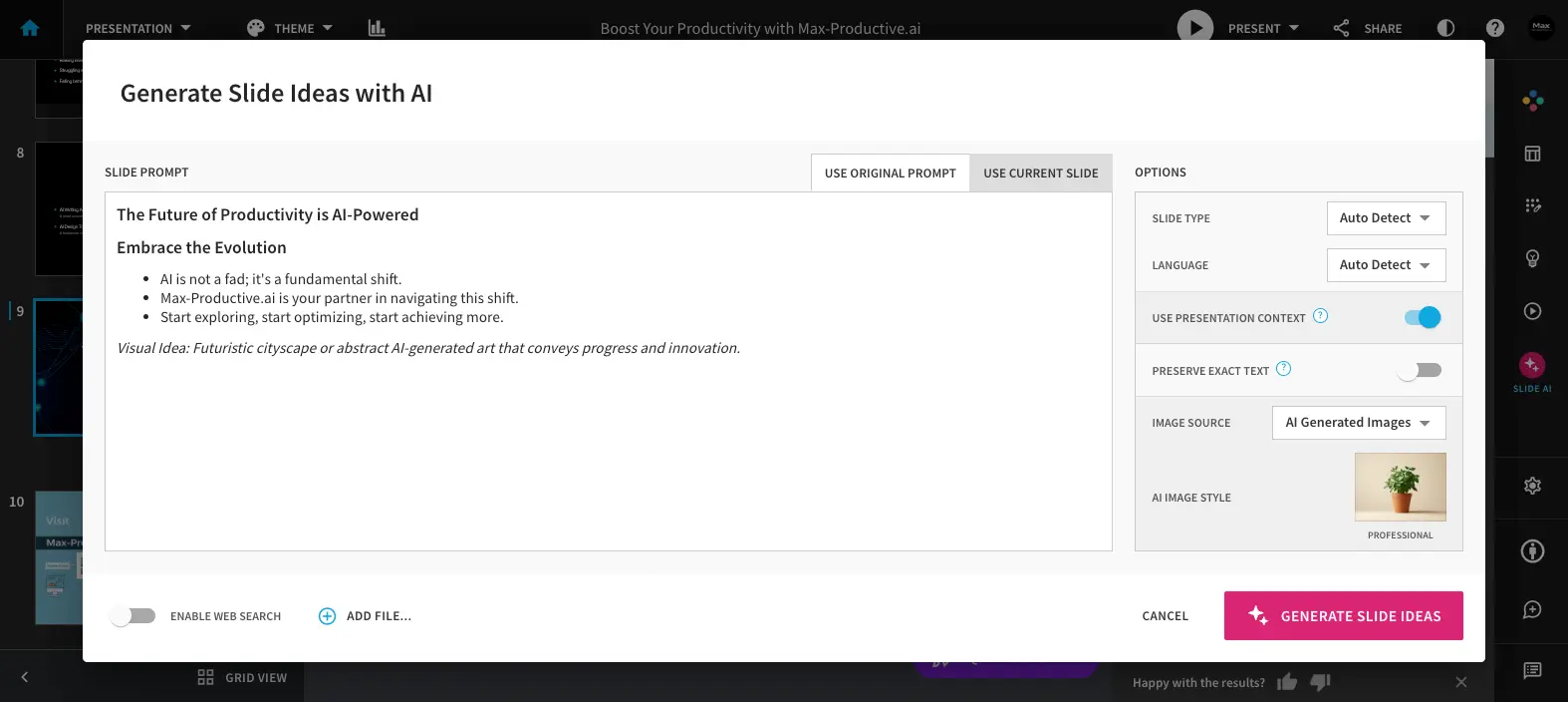 Beautiful.ai Generate Slide Ideas dialog with slide prompt, presentation context toggle, and AI image style options