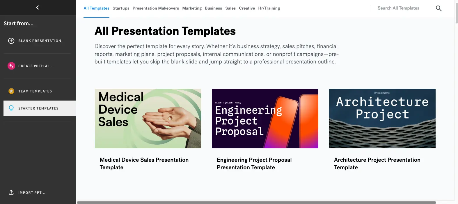 Beautiful.ai template library showing categories like Startups, Marketing, Business, Sales, Creative with professional template cards