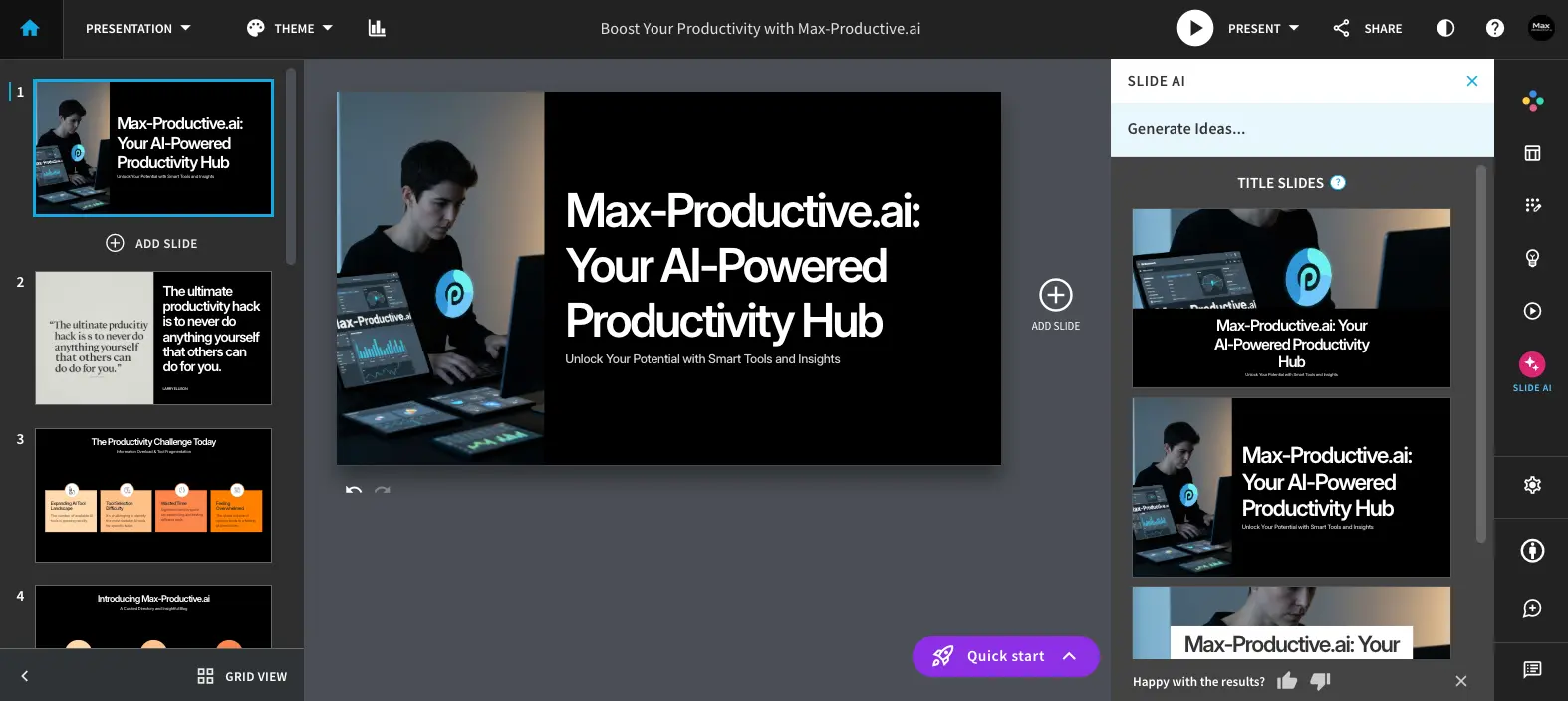 Beautiful.ai Smart Slides editor showing generated presentation with slide panel, main canvas, and Slide AI suggestions