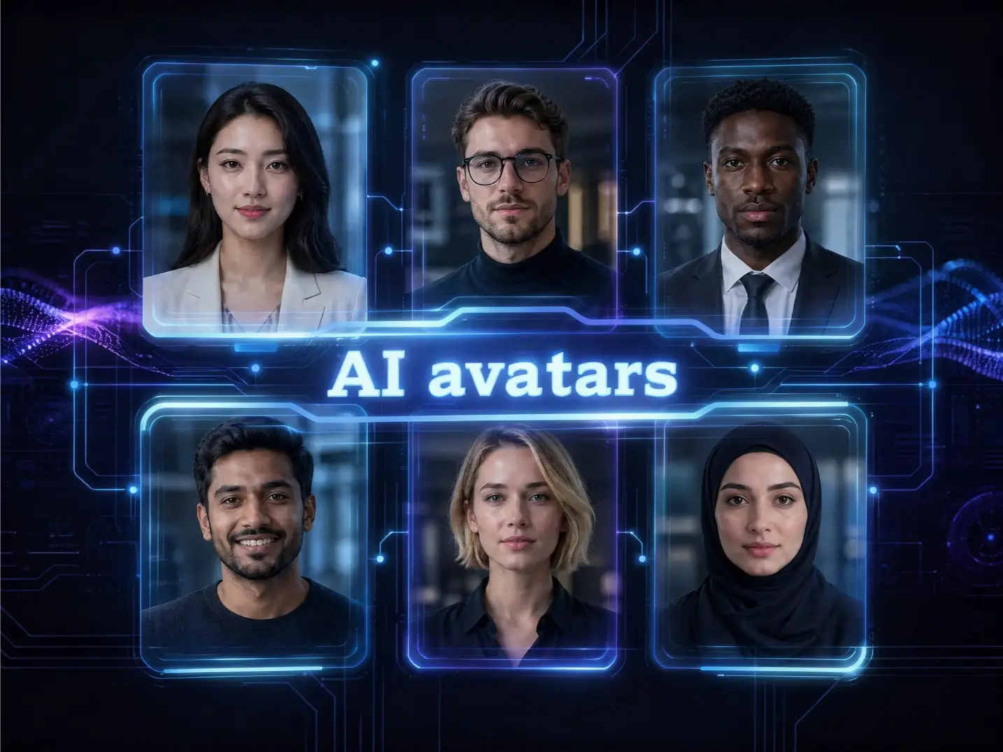 Best AI avatar generators in 2026 — diverse photorealistic AI avatars on holographic panels