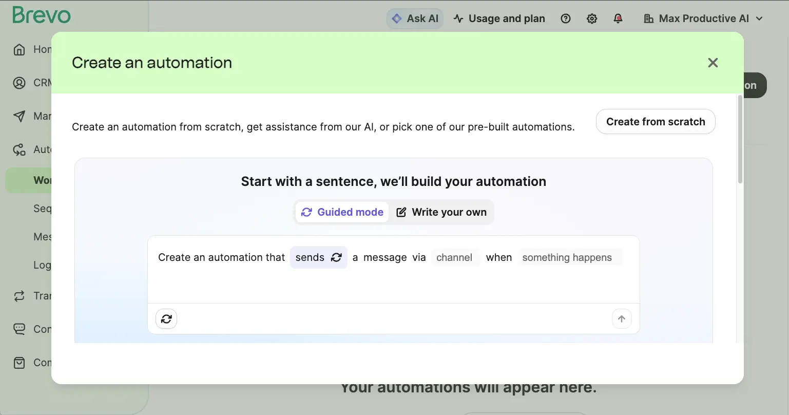 Brevo AI automation builder with guided mode for creating workflows from natural language