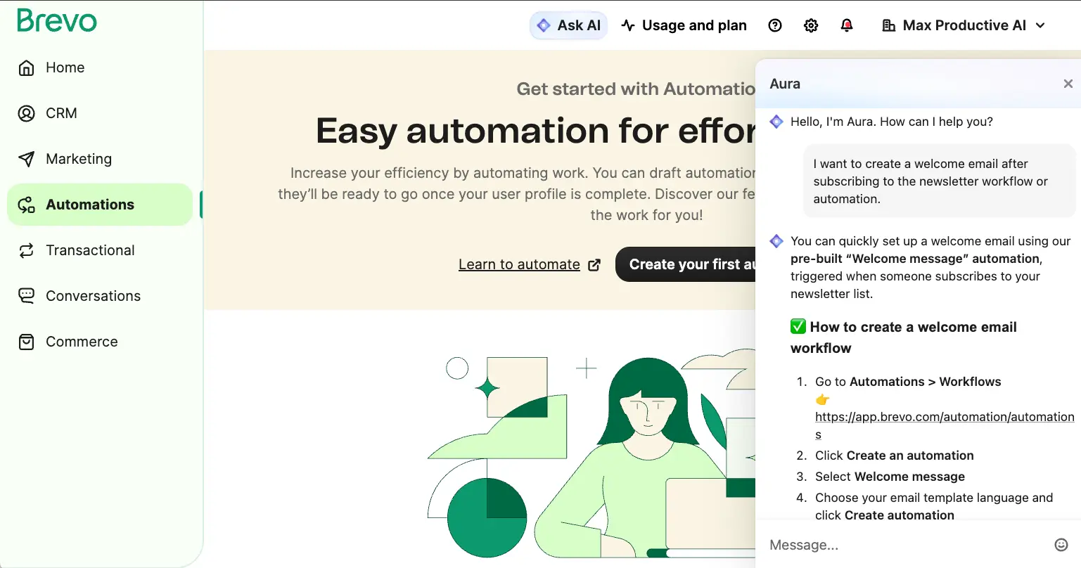 Brevo Aura AI assistant helping create a welcome email automation workflow