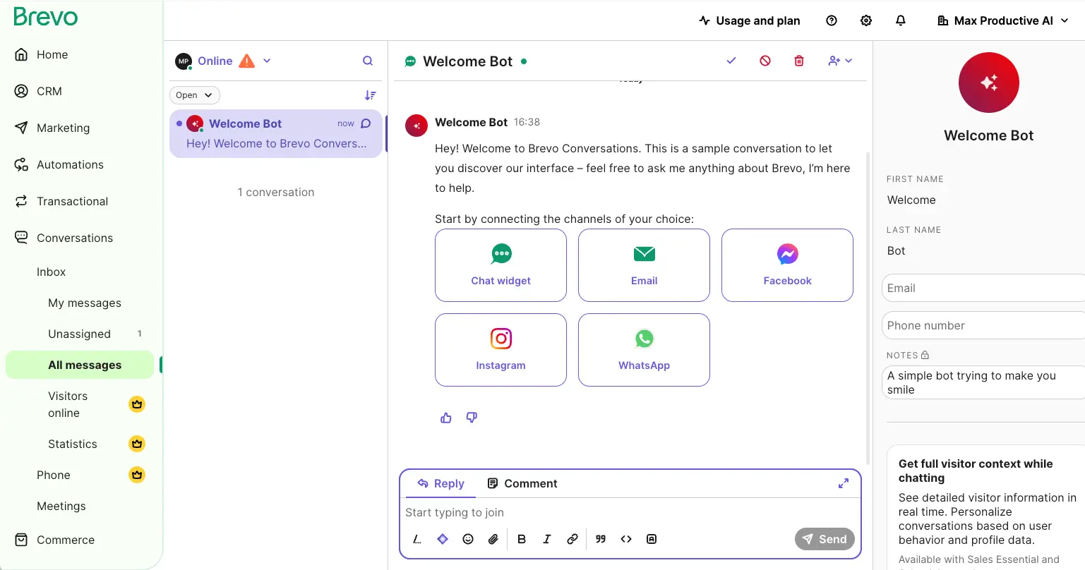 Brevo Conversations live chat inbox with multichannel integration