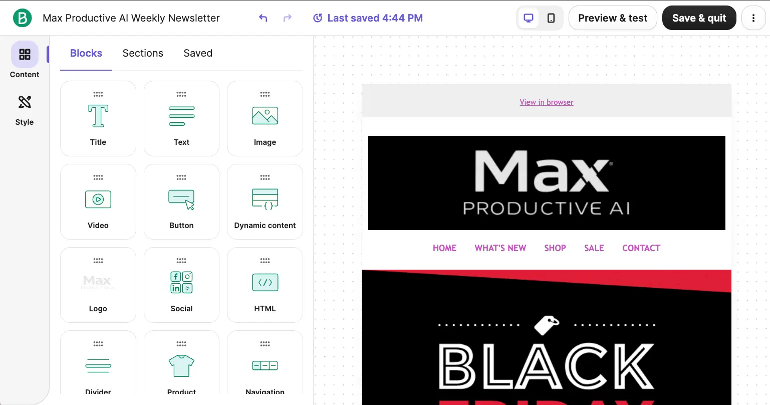 Brevo drag-and-drop email builder with content blocks and live preview