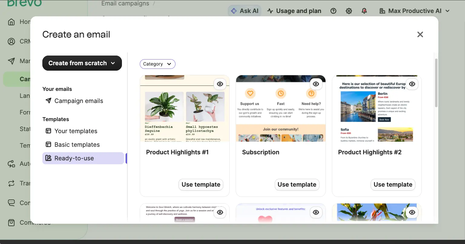 Brevo email templates library showing ready-to-use designs by category