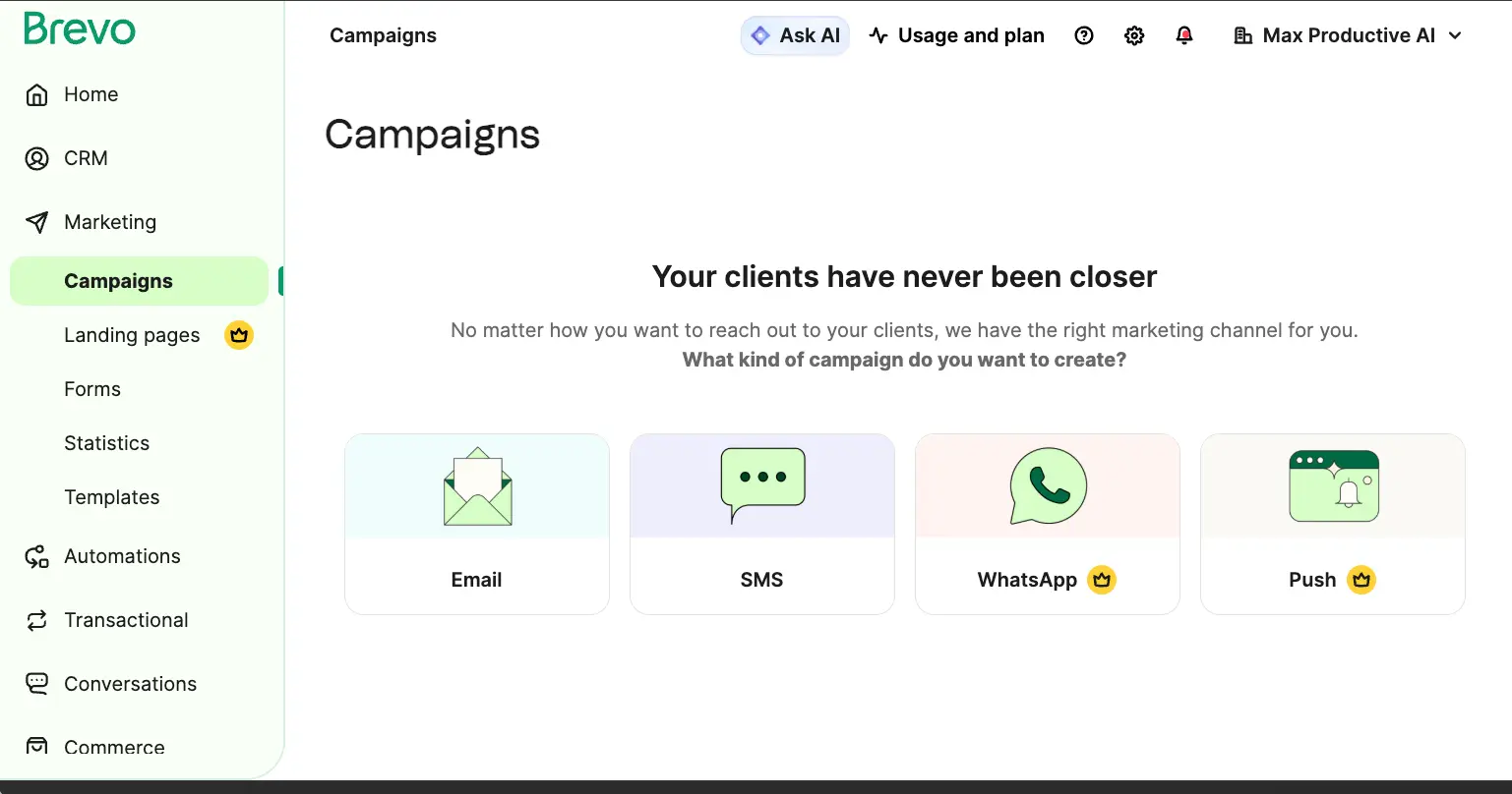 Brevo multichannel campaigns interface showing Email, SMS, WhatsApp and Push options