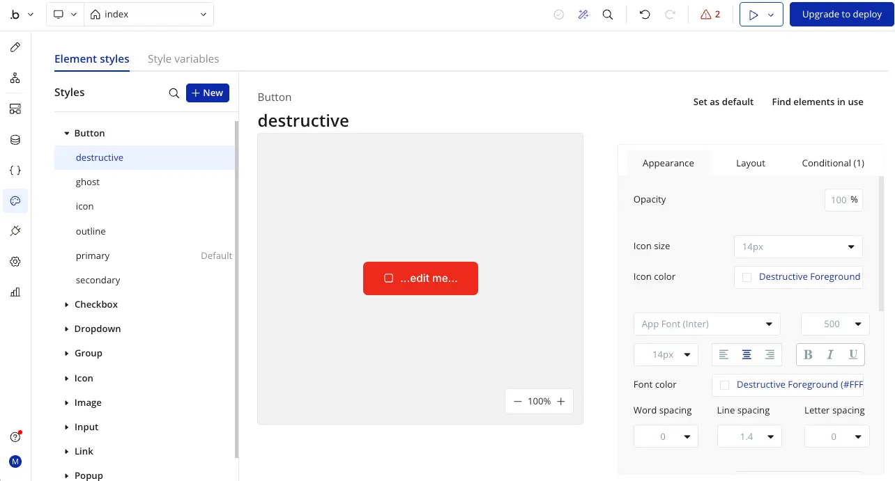 Bubble element styles editor for UI customization