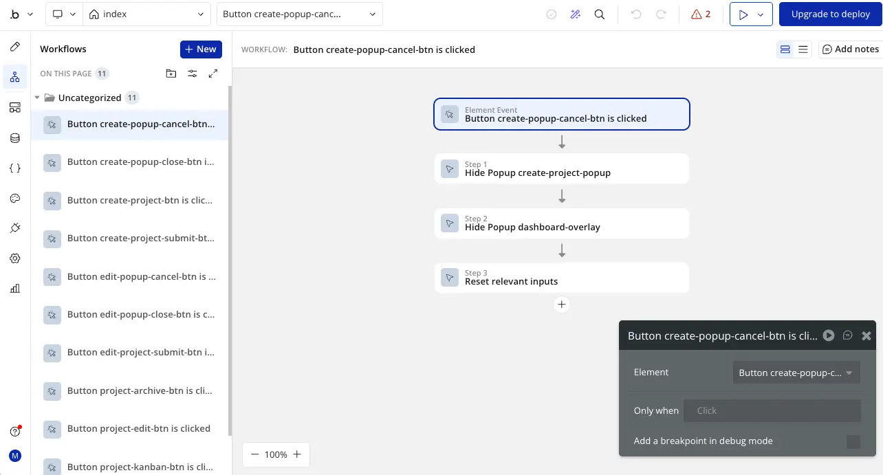 Bubble workflow editor showing visual logic steps