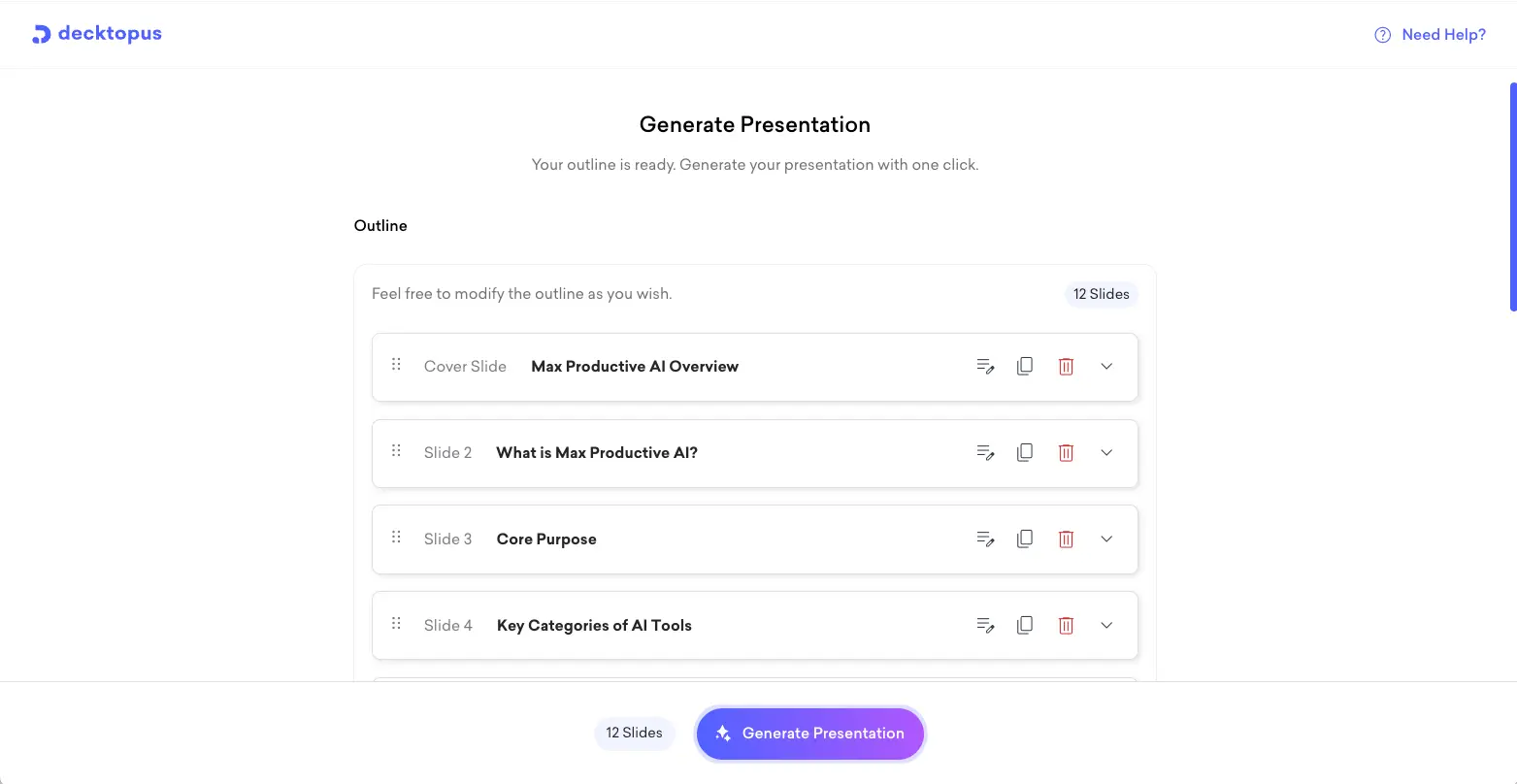Decktopus AI outline generator showing a 12-slide editable outline with drag-and-drop slide titles and Generate Presentation button