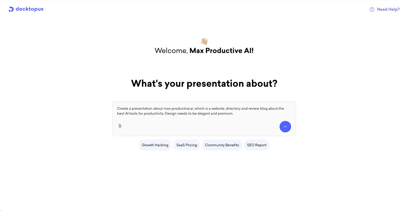 Decktopus AI prompt interface asking What's your presentation about with text input field and topic suggestion pills