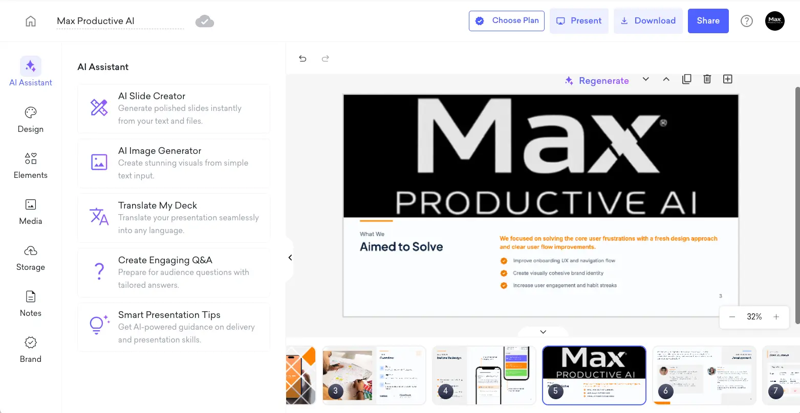 Decktopus slide editor interface showing AI Assistant panel with AI Slide Creator, AI Image Generator, Translate My Deck, Create Engaging Q&A, and Smart Presentation Tips features