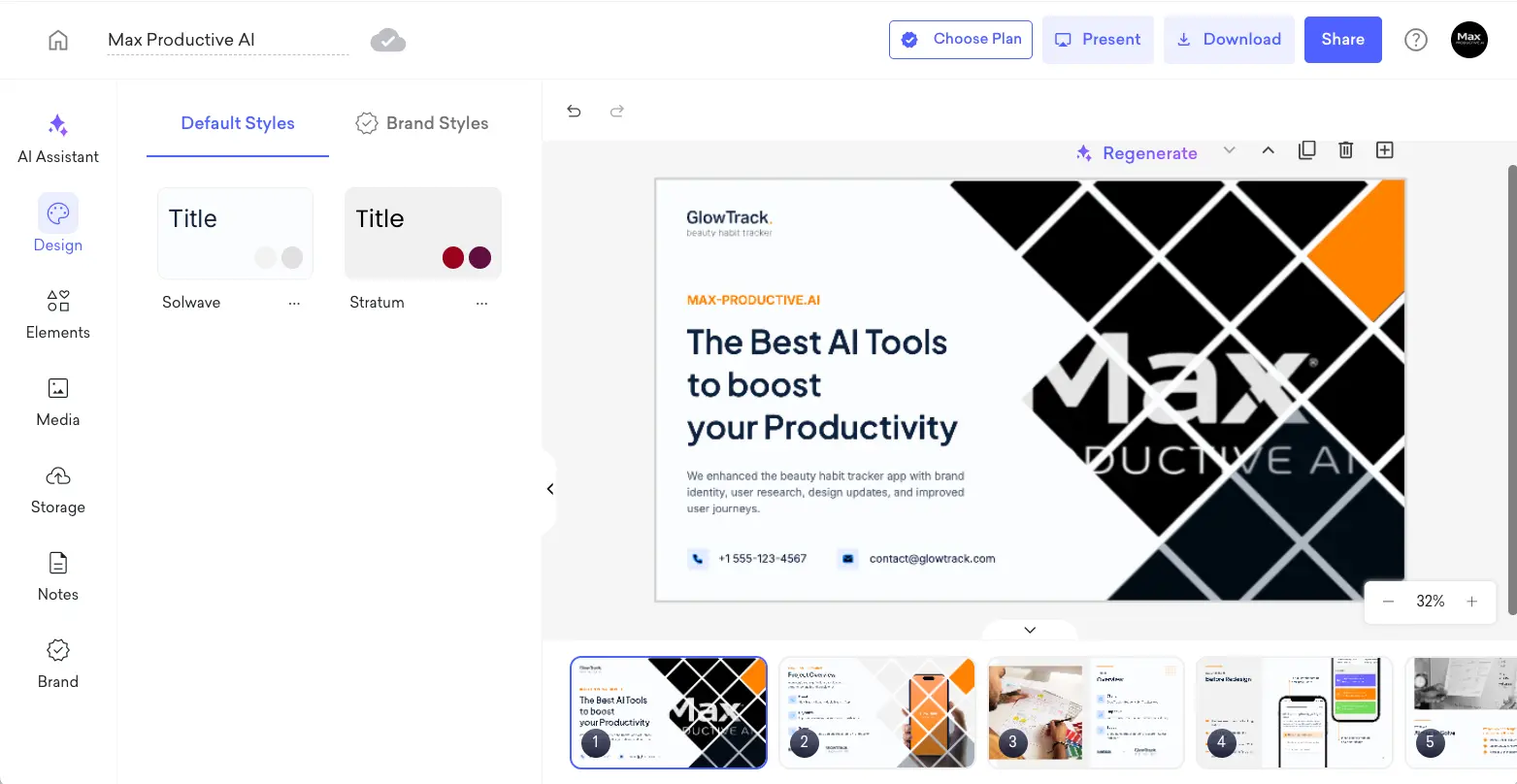 Decktopus Design panel showing Default Styles and Brand Styles tabs with Solwave and Stratum theme options and a branded presentation preview
