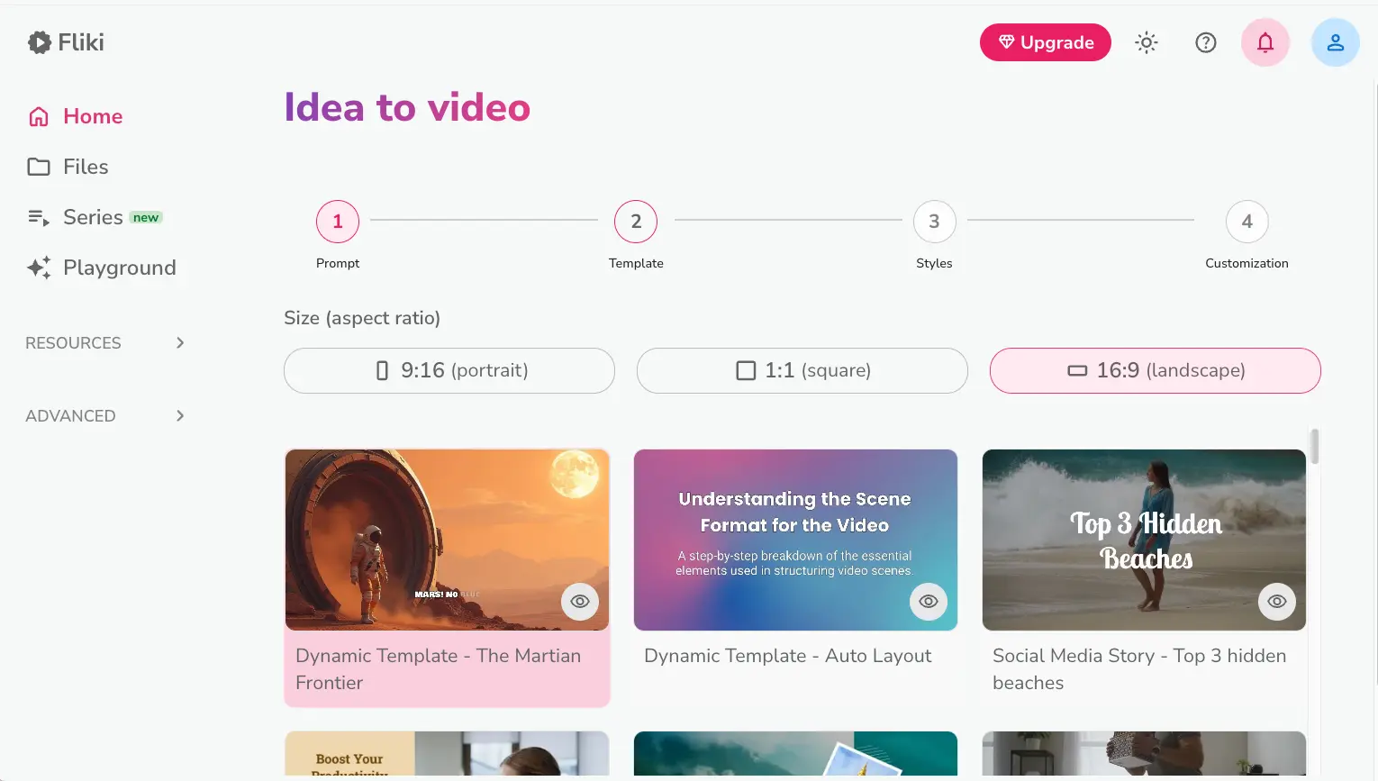 Fliki AI Idea to Video interface showing 4-step workflow, aspect ratio selection (9:16, 1:1, 16:9), and template gallery with Dynamic and Social Media Story options