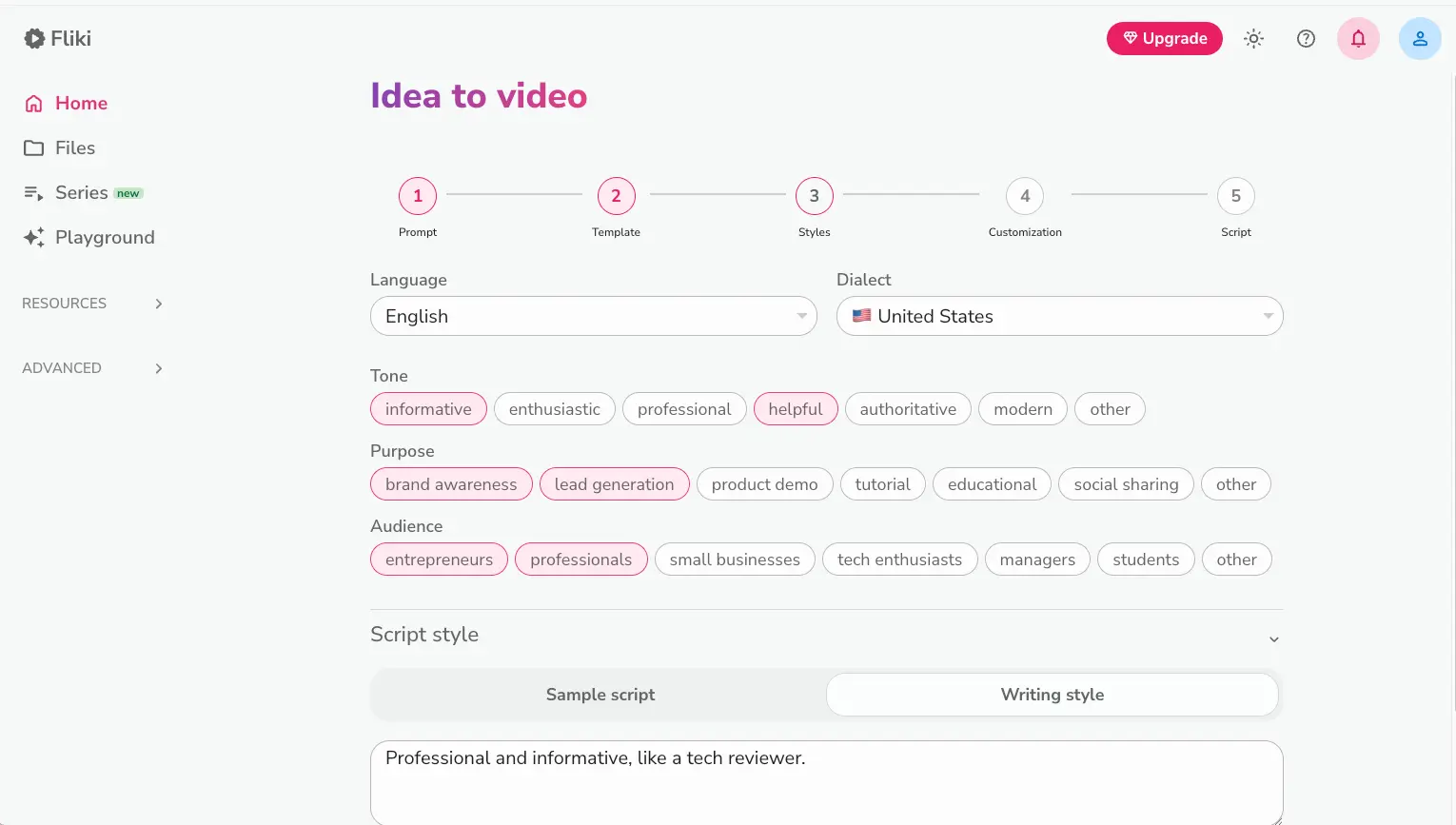 Fliki AI customization step showing language, dialect, tone, purpose, audience, and script style settings with selectable tags