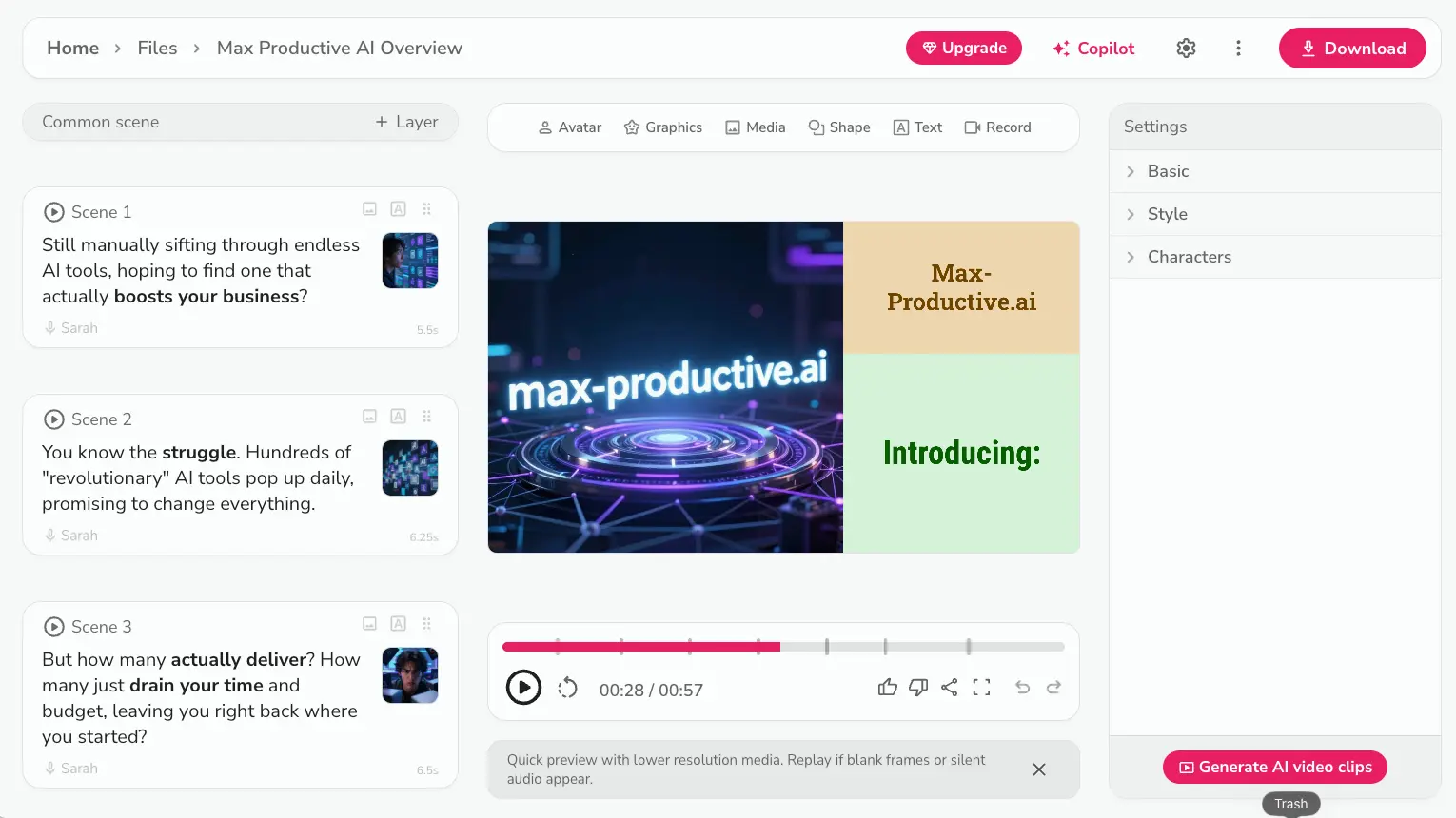 Fliki AI video editor showing scene-by-scene script panel with AI voiceover, media preview, timeline, and Copilot button for AI-assisted editing