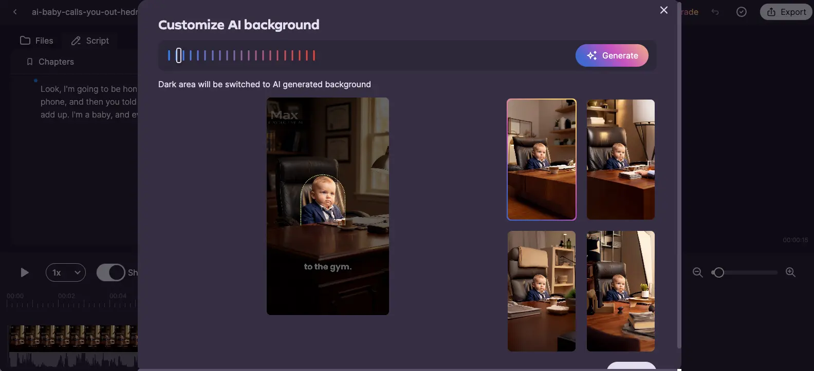 Gling AI background generator showing subject isolation and four AI-generated background options