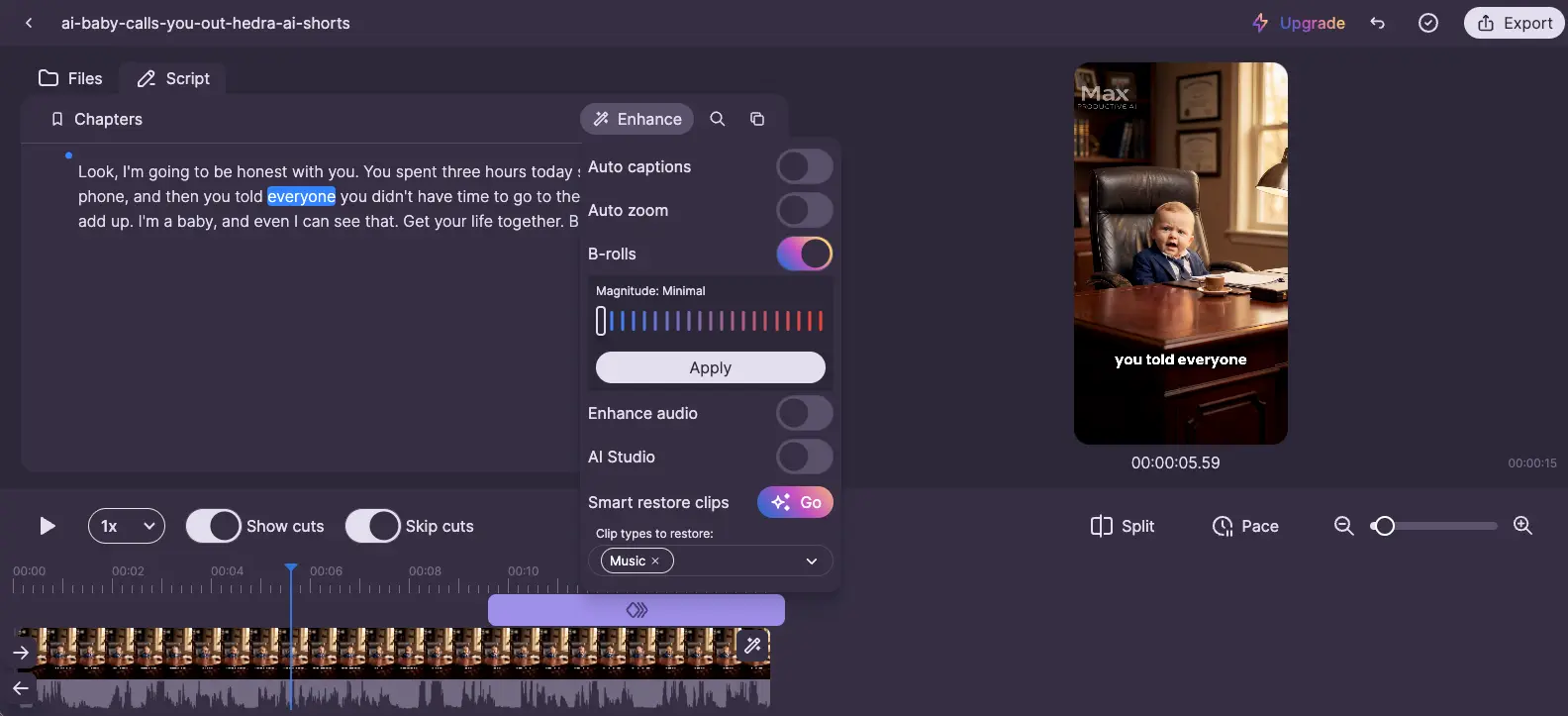 Gling AI enhance panel showing Auto captions, Auto zoom, B-rolls toggle with magnitude slider, Enhance audio, AI Studio, and Smart restore clips options