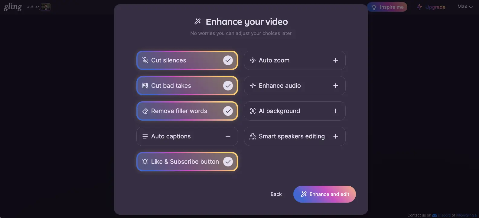 Gling AI enhance video screen with options for Cut silences, Cut bad takes, Remove filler words, Auto captions, Auto zoom, Enhance audio, AI background, Smart speakers editing, and Like & Subscribe button