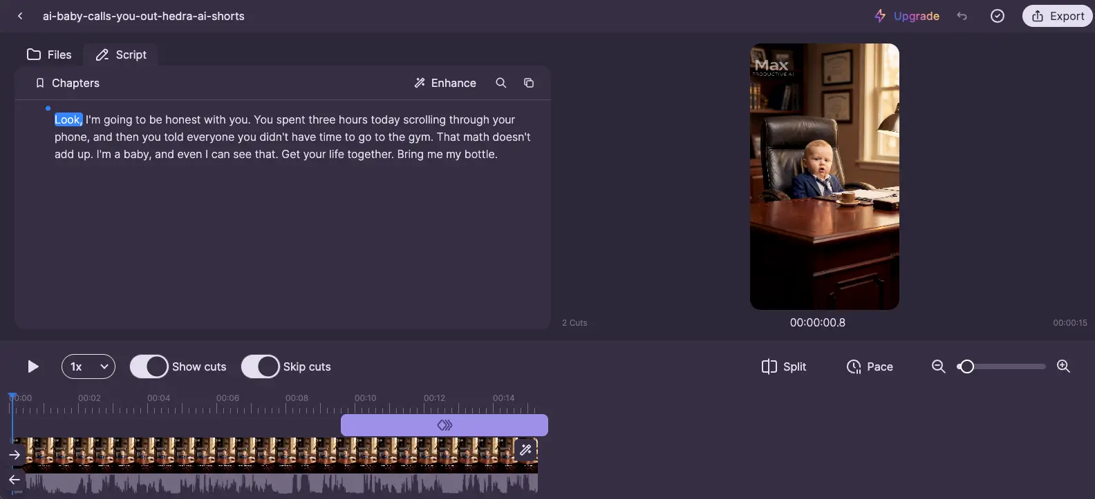 Gling AI text-based editor showing transcript on the left, video preview on the right, timeline at bottom with 2 cuts marked, and Show cuts / Skip cuts toggles