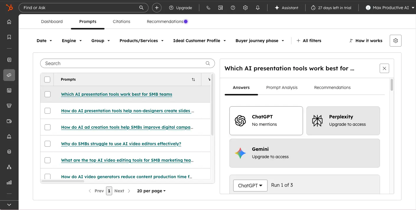 HubSpot AEO prompts tracking interface with per-engine answers for ChatGPT, Perplexity, and Gemini