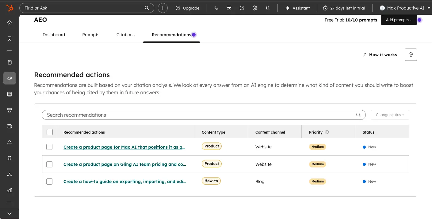 HubSpot AEO recommendations tab with recommended actions, content type, channel, and priority columns
