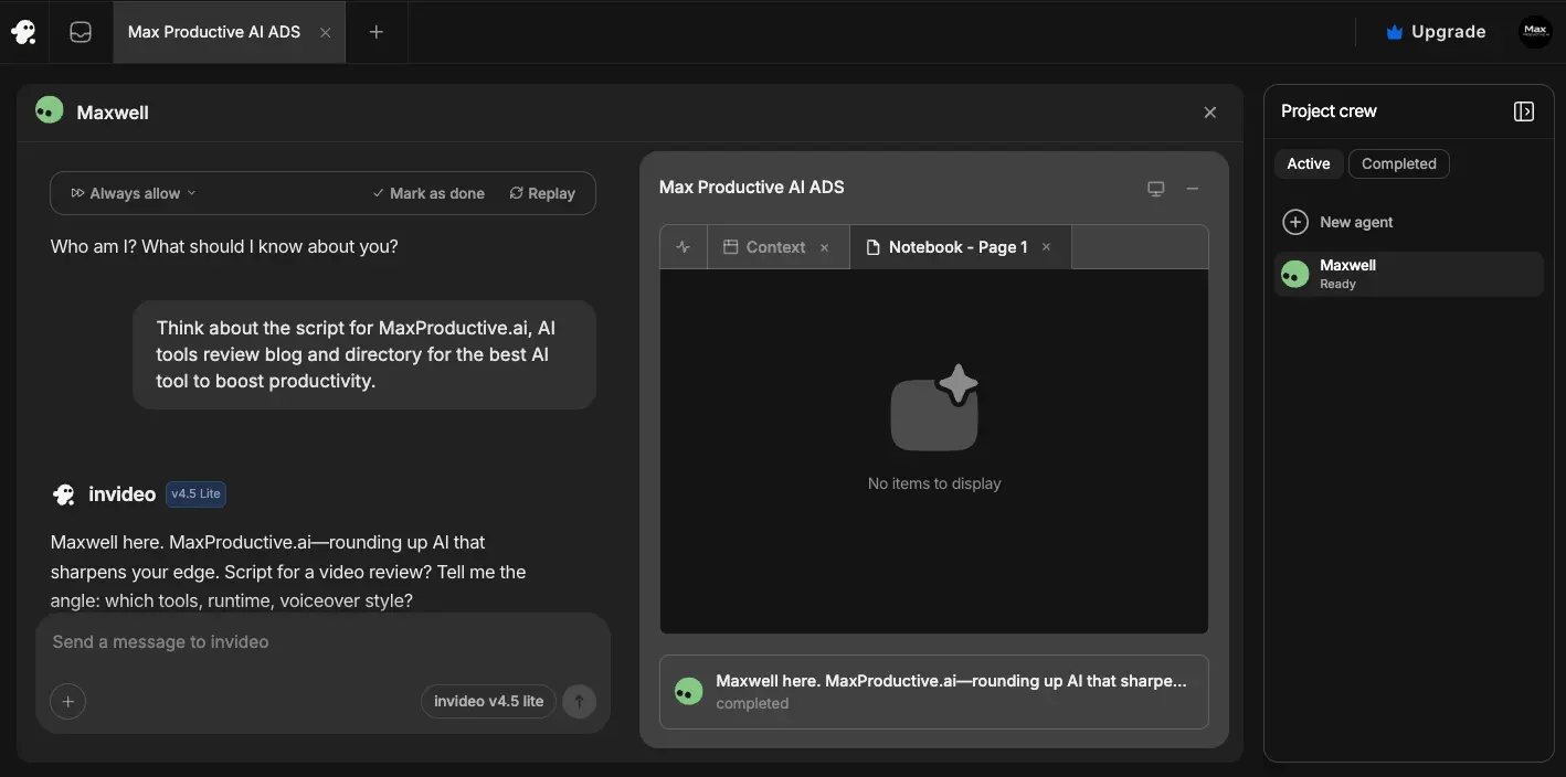 Maxwell AI agent interface showing project crew panel, conversational scripting, and notebook integration