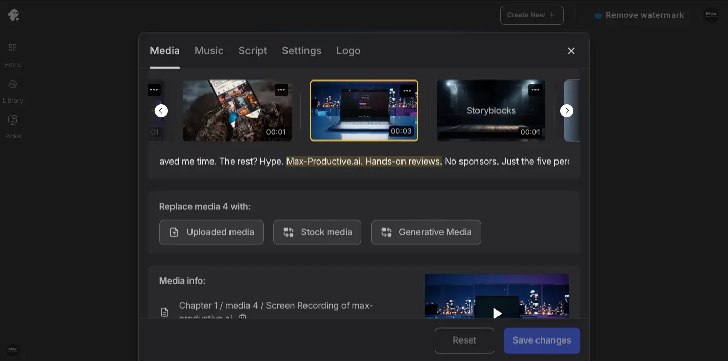 InVideo AI media editor showing scene timeline, replace media options (Uploaded, Stock, Generative), and script overlay