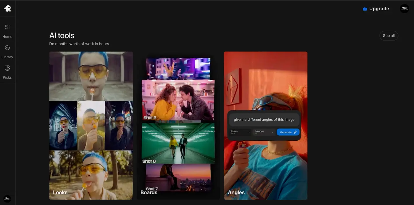 InVideo AI tools page showing Looks (style consistency), Boards (storyboard planning), and Angles (multi-angle generation)