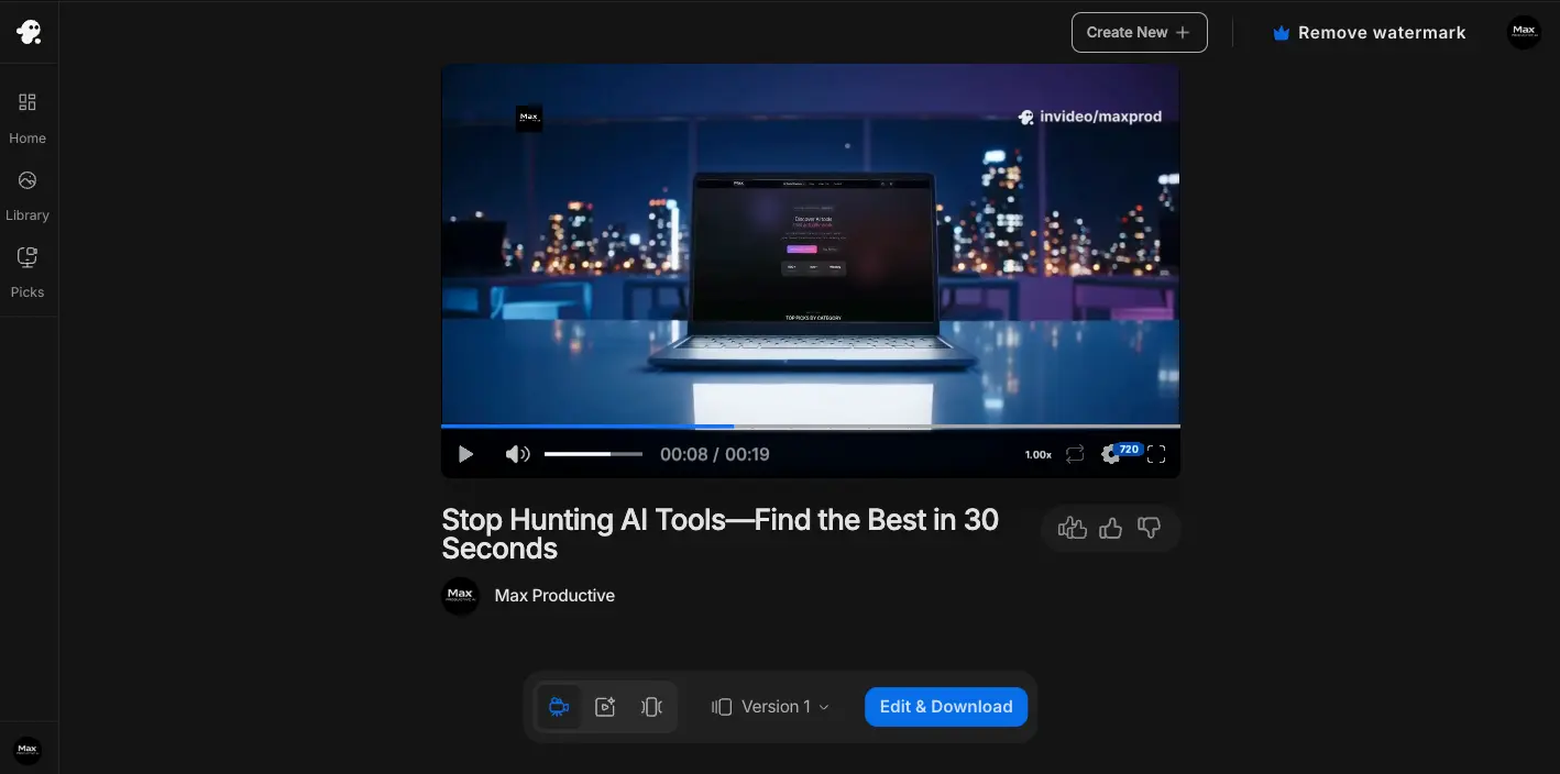 InVideo AI video output preview showing completed video at 720p with Edit and Download button and version controls