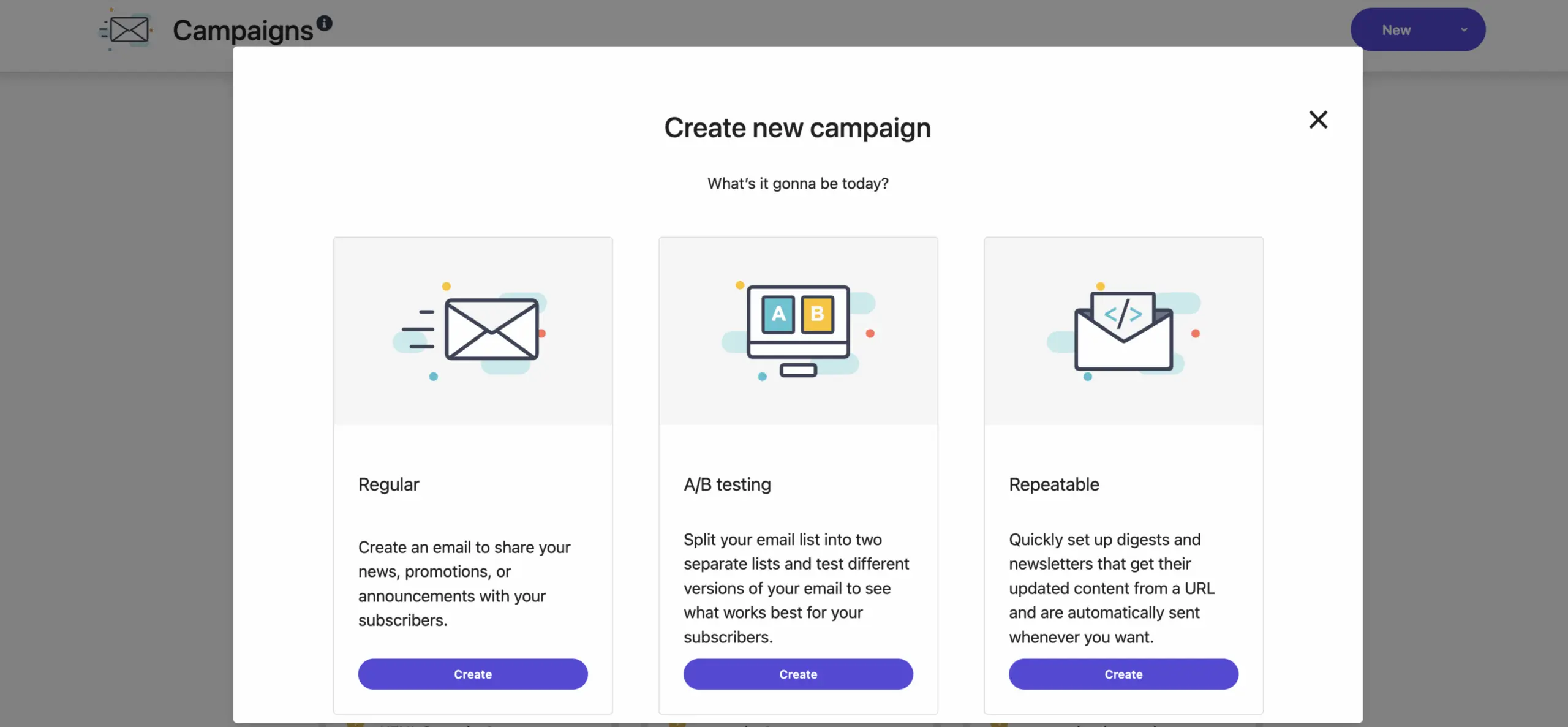Moosend create new campaign dialog showing Regular, A/B testing, and Repeatable campaign options