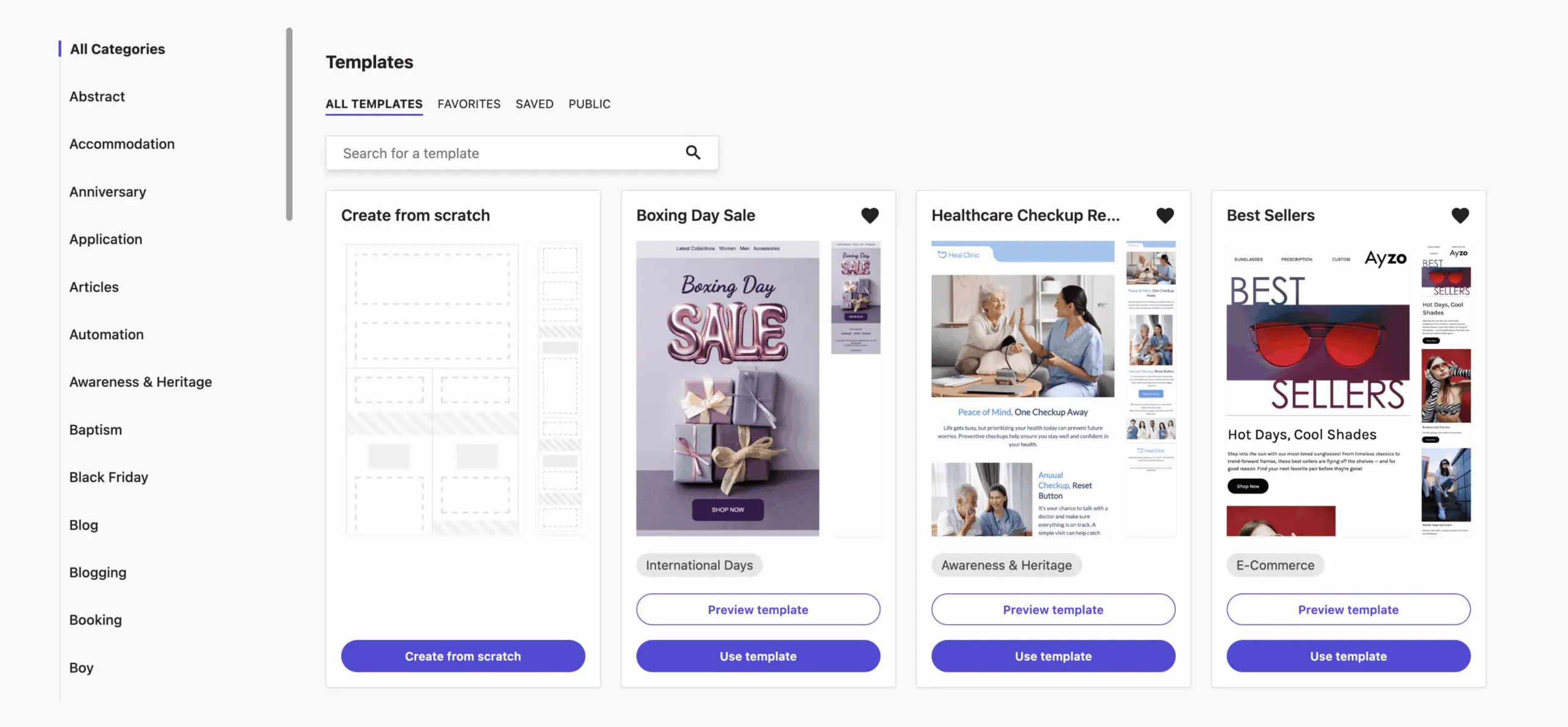 Moosend email templates library showing all categories, Boxing Day Sale, Healthcare, and Best Sellers templates